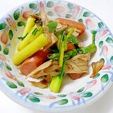 アスパラ・ウインナー・舞茸・かぶの葉の炒め物